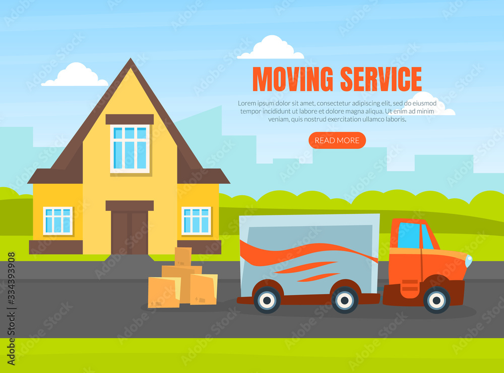 Moving Service Landing Page Template, Delivery Van on City Street, Delivery Service Car, Shipping Transport Vector Illustration