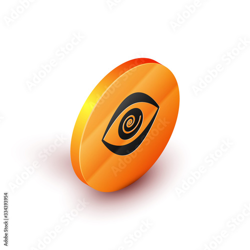 Isometric Hypnosis icon isolated on white background. Human eye with spiral hypnotic iris. Orange circle button. Vector Illustration