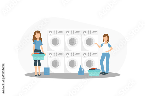 Two Women in Laundry Shop Room with Row of Industrial Washing Machines for Washing Clothes Vector Illustration