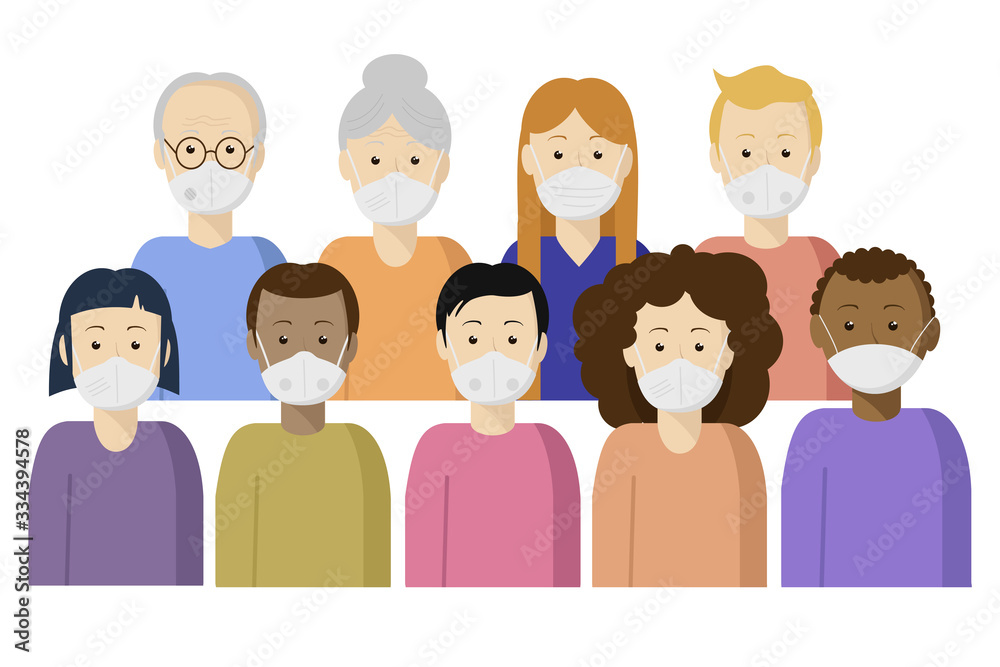 set of people of different nationalities and ages in medical masks: with a filter, without a filter, gauze. Protect yourself from the virus. COVID-19 pandemic set of people of different nationalities and ages in medical masks: with a filter, without a filter, gauze. Protect yourself from the virus. COVID-19 pandemic