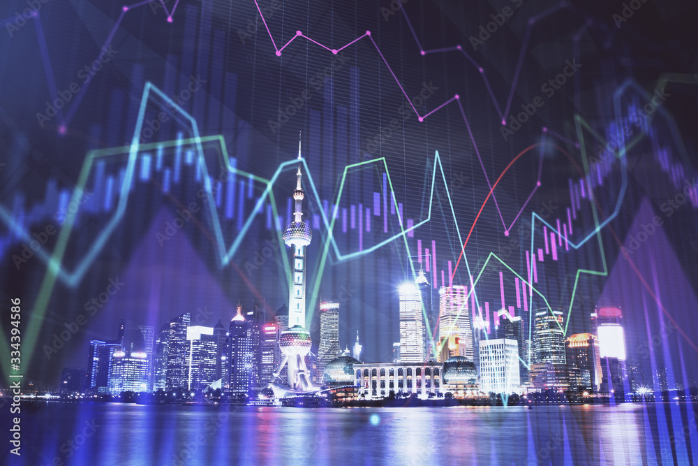 Naklejka premium Financial graph on night city scape with tall buildings background multi exposure. Analysis concept.