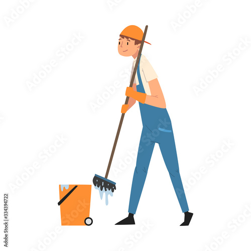 Professional Cleaning Man Mopping the Floor with Mop and Bucket, Male Worker Character Dressed in Blue Overalls and Rubber Gloves, Cleaning Company Staff Vector Illustration