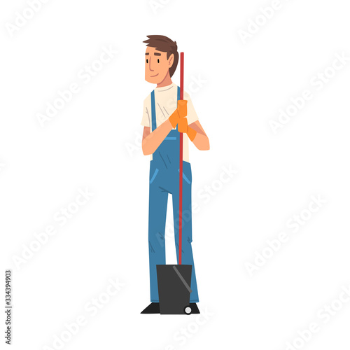 Professional Cleaning Man with Mop and Bucket, Male Worker Character Dressed in Blue Overalls and Rubber Gloves, Cleaning Company Staff Vector Illustration