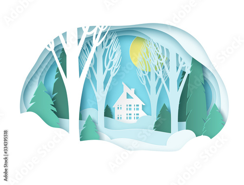 Winter paper landscape with house. Snowy forest with trees without leaves and fir trees. Snowdrifts, snow, sunny day. Glade. Vector
