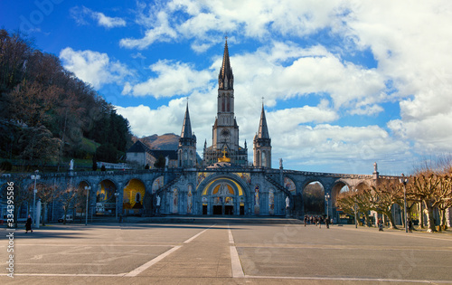 View of the cathedral-sanctuary of Lourdes (France)