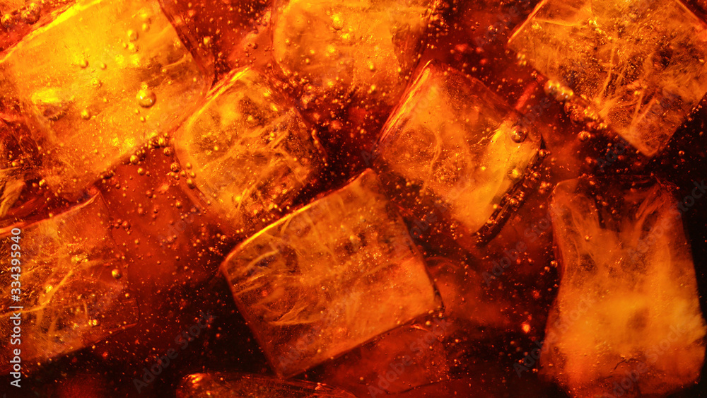 Detail of cola drink with ice cubes - obrazy, fototapety, plakaty 