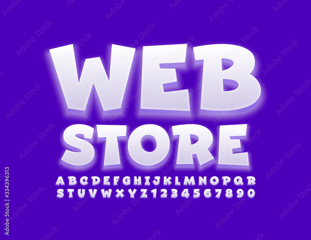 Vector modern banner Web Store. Glowing creative Font. White playful Alphabet Letters and Numbers Vector modern banner Web Store. Glowing creative Font. White playful Alphabet Letters and Numbers