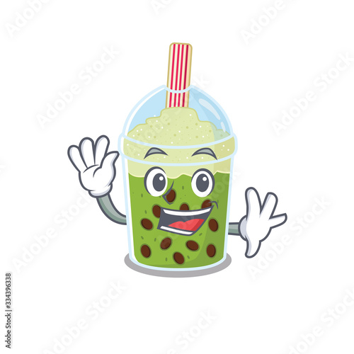 Smiley matcha bubble tea cartoon mascot design with waving hand