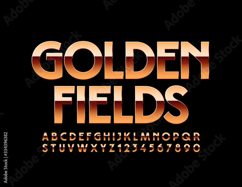 Vector chic logo Golden Fields. Shiny premium font. Elite Alphabet Letters and Numbers