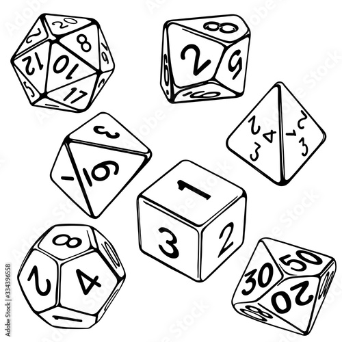 collection of dice for role-playing games isolated on white background hand drawn vector illustration sketch photo