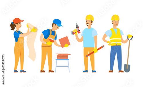 Man and woman workers holding wallpaper, tile and shovel, drill and ruler, renovation teamwork, smiling builders in gloves and helmet, repair vector