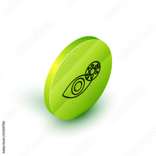 Isometric line Reddish eye due to virus, bacterial or allergic conjunctivitis icon isolated on white background. Green circle button. Vector Illustration