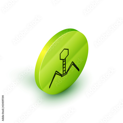Isometric line Bacteria bacteriophage icon isolated on white background. Bacterial infection sign. Microscopic germ cause diseases concept. Green circle button. Vector Illustration