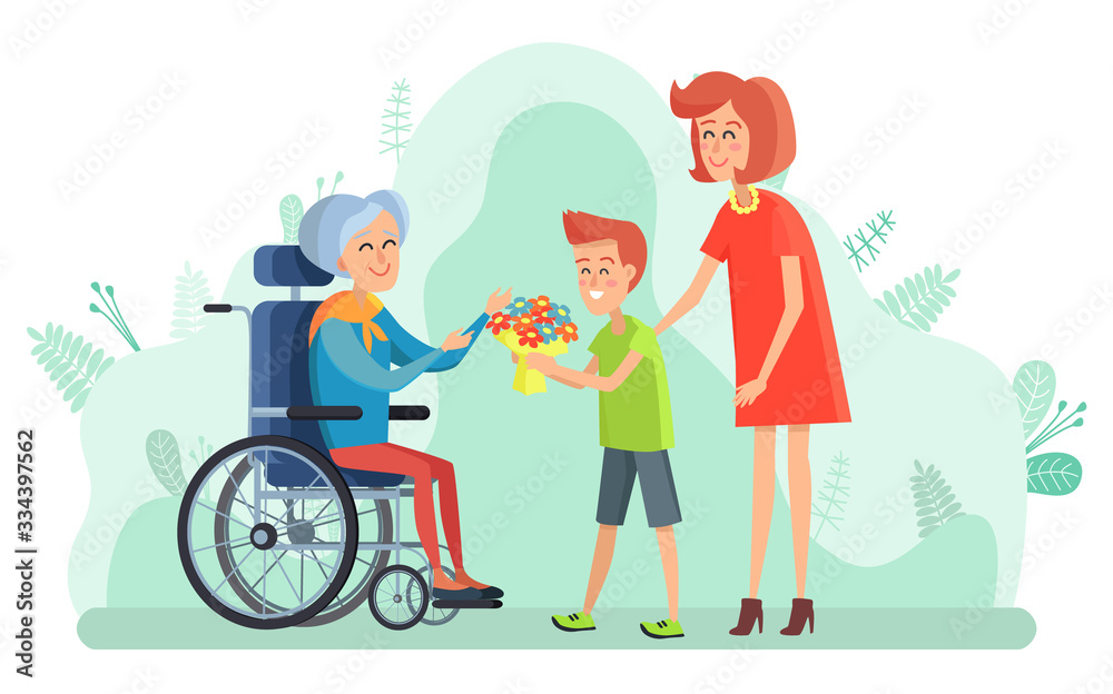 Small kid giving flowers to senior lady sitting on wheelchair vector. Mother with child taking care for old person disabled character. Boy with bouquet Small kid giving flowers to senior lady sitting on wheelchair vector. Mother with child taking care for old person disabled character. Boy with bouquet