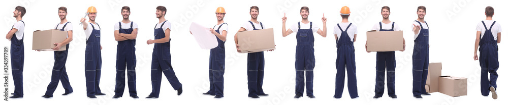 panoramic collage of skilled handyman isolated on white panoramic collage of skilled handyman isolated on white