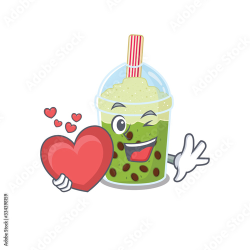 A romantic cartoon design of matcha bubble tea holding heart