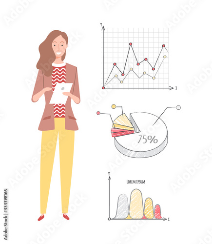 Woman worker vector, infocharts and information in visual representation on screen, pie diagram with explanation and numeric data segment flat style