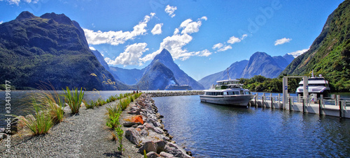 Boat trip in Milford Sounds, New Zealand. Sunny day.