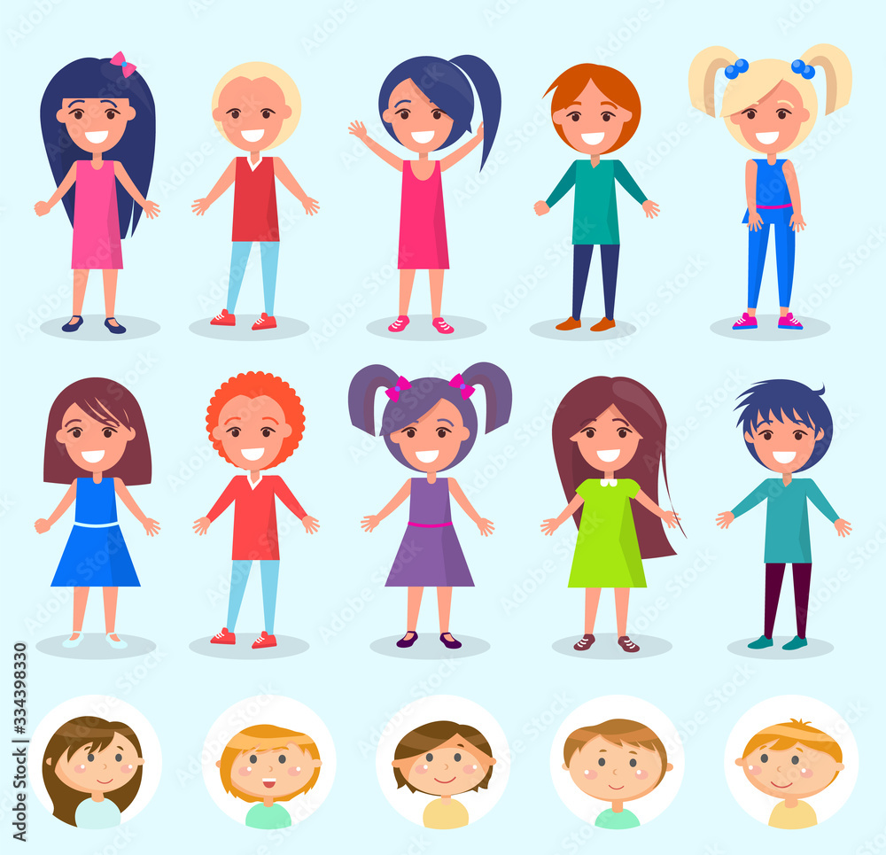 Portrait view of smiling young people, kids set of boys and girls in colorful clothes isolated on blue background, children in flat design style vector Portrait view of smiling young people, kids set of boys and girls in colorful clothes isolated on blue background, children in flat design style vector