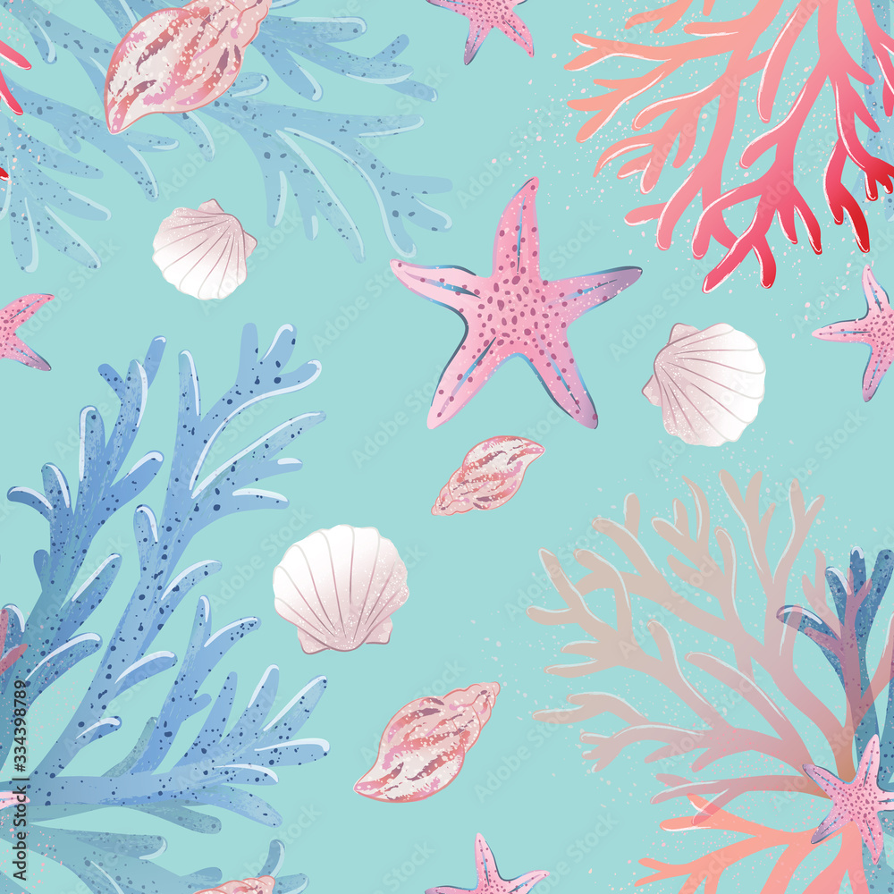Seamless pattern with seashells, corals and starfishes. Marine background. Vector illustration. Perfect for greetings, invitations, wrapping paper, textile, wedding and fabric prints.
