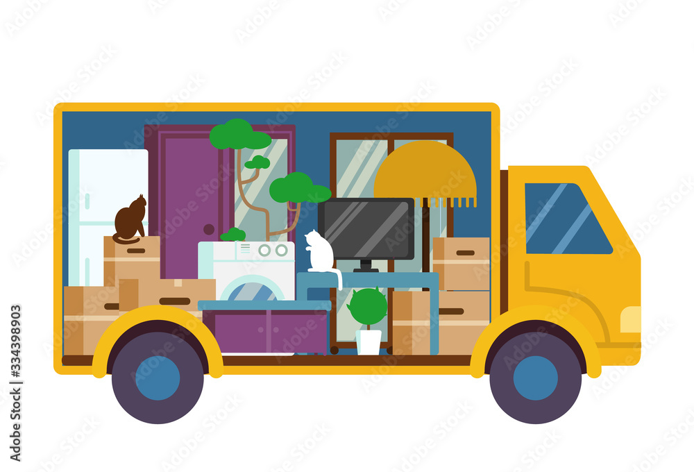 Moving truck full of furniture and boxes. Inside view. Flat vector illustration.