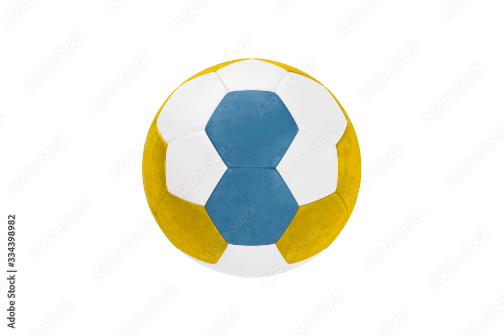 multicolored, blue, yellow, white classic soccer ball isolated on white background. 3d rendering soccer ball,  place for text, icon