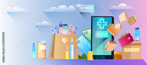 Online pharmacy banner with smartphone, paper bag, pills, bottles, payment cards, wallet, ampoules. Online drugstore concept in flat style with copy space. Medical banner for landing pages, apps