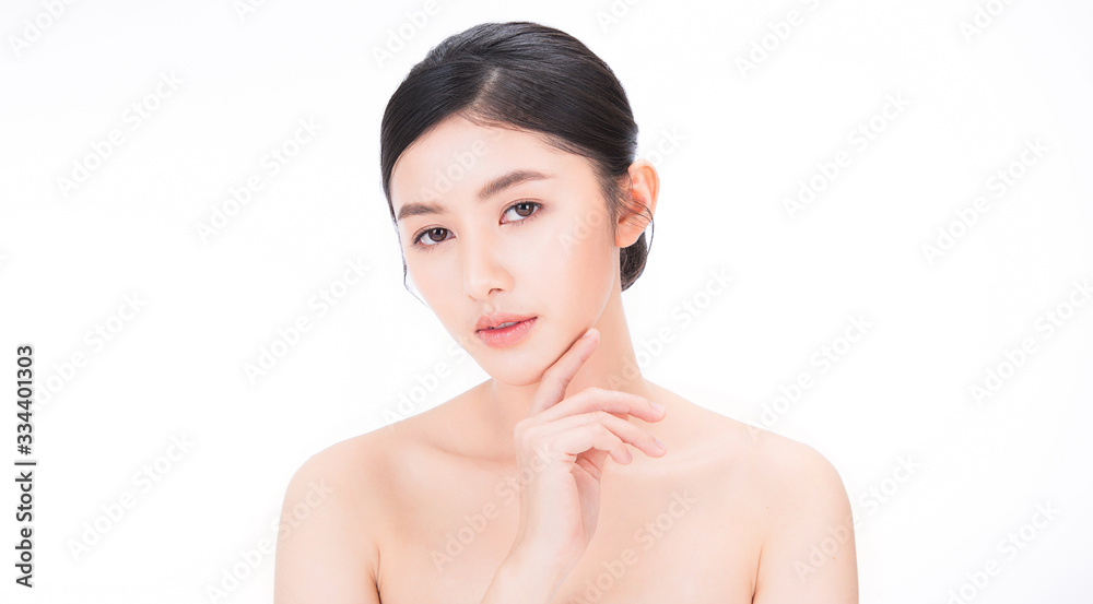 Closeup portrait of beauty asian woman with fair perfect clear healthy glow skin hand touch chin, young beautiful asia girl with pretty smile on face. Beauty korean clinic facial skincare banner - obrazy, fototapety, plakaty 