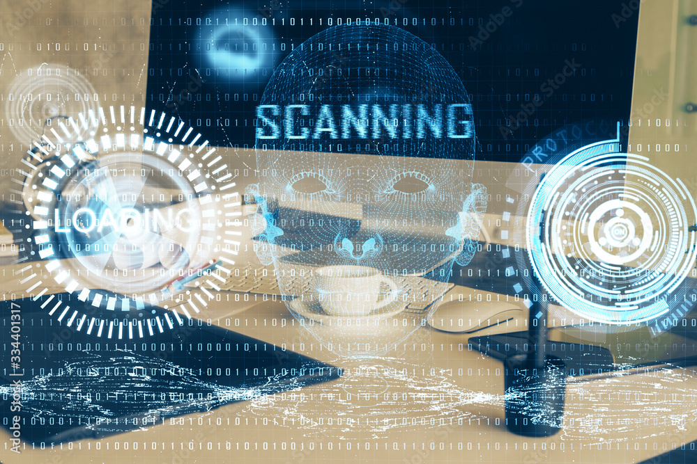 Double exposure of laptop computer and technology theme hologram. Concept of freelance work. Double exposure of laptop computer and technology theme hologram. Concept of freelance work.