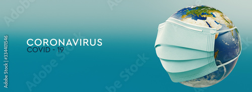 High resolution banner Coronavirus. Earth planet in medical protective mask. Dangerous asian ncov corona virus. Text on teal background. 3d rendering photo