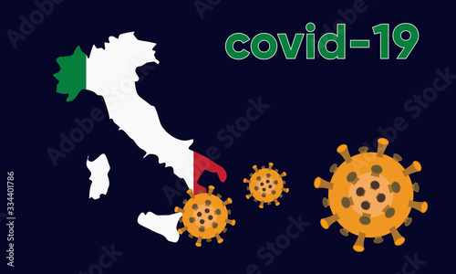 Illustration vector graphic of Alert corona virus outbreak with Italy map in the background. Map of Italy with deadly corona virus. Dangerous chinese ncov corona virus. Vector illustration EPS10.