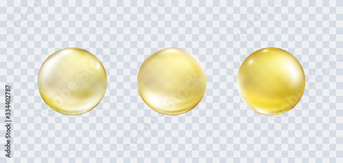 Gold bubble set isolated on transparent background. Cosmetic vitamin capsule or oil pill. Golden glass balls template. Vector 3d serum collagen essence..