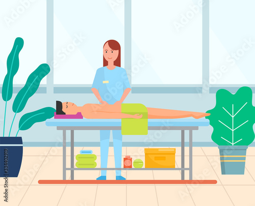 Man getting a stomach massage. Professional masseuse wearing uniform and male patient lying on table and enjoying relaxing abdominal belly procedure vector