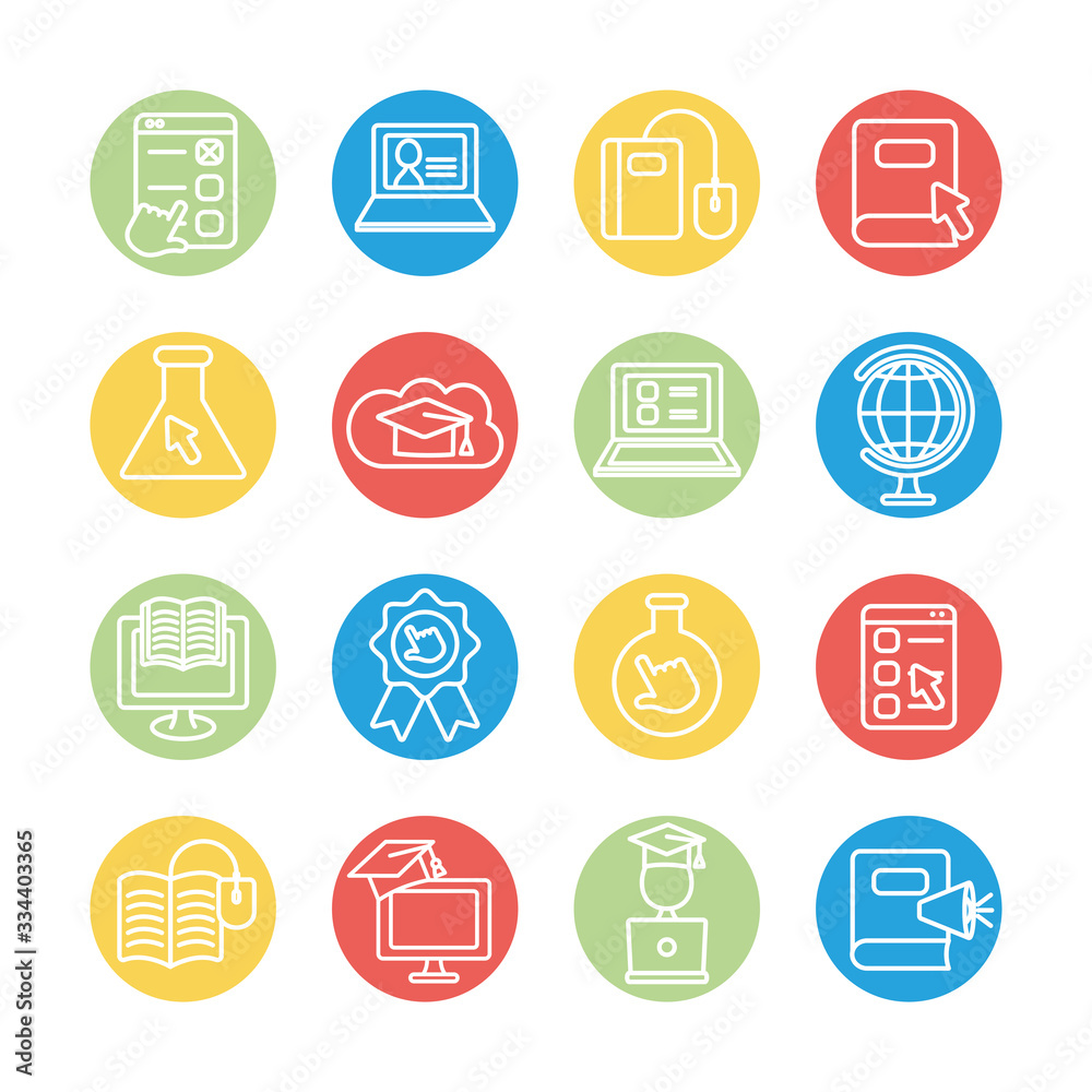 chemical flasks and education online icon set, line block style chemical flasks and education online icon set, line block style