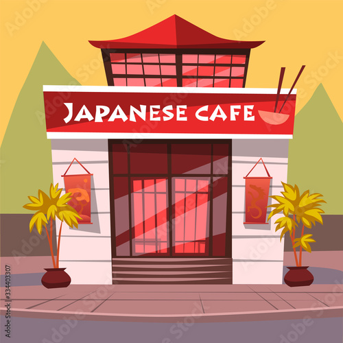 Japanese cafe serving food by Japan recipes vector. Diner building exterior facade of restaurant in asian architectural tradition. Bar or eatery, japan eating meal oriental dishes. Bowl and chopsticks