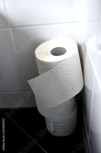 Toilet paper rolls at home of hoarder hoarding amidst panic buying for corona virus outbreak shortage.