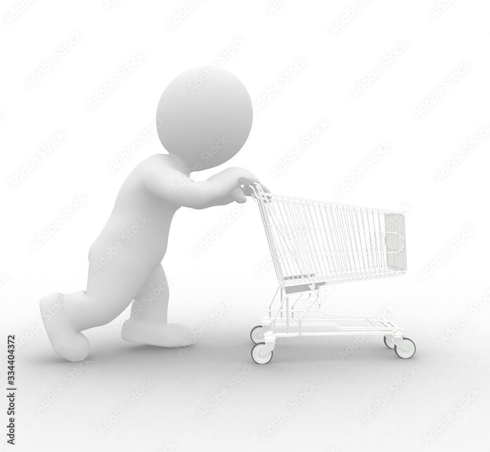 3D illustration of a cartoon pushing shopping cart 3D illustration of a cartoon pushing shopping cart