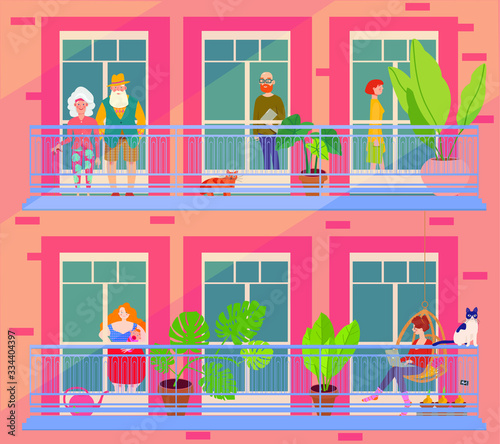 People in windows staying home due to quarantine , working, studying, caring for household flowers, reading. Stay Home Concept.