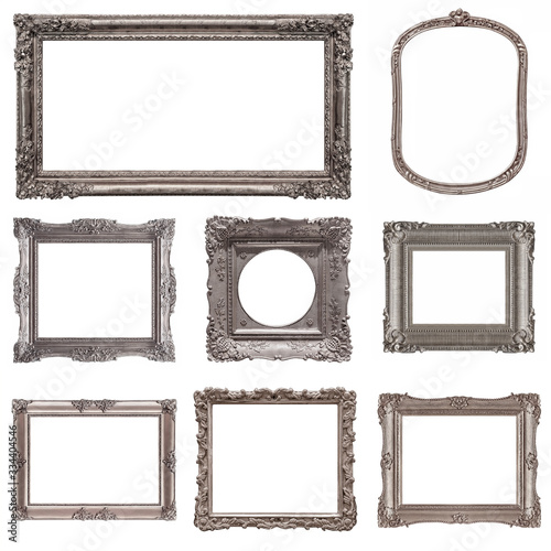 Set of silver frames for paintings, mirrors or photo isolated on white background