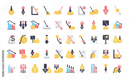 stock market crash icon set, flat style