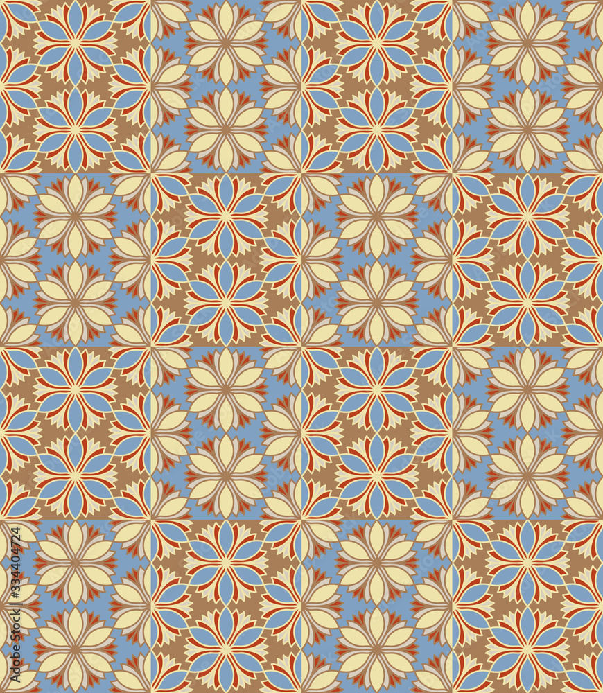 Seamless pattern tiled ornament. Floral textile print. Islamic vector design. Oriental background with abstract flowers. Hexagonal patchwork swatch. Stained glass vitrage.