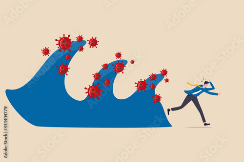 Coronavirus crisis destruction waves, second and third waves will be worse and disaster critical concept, fear and panic businessman run away from waves of COVID-19 coronavirus pathogen impact.