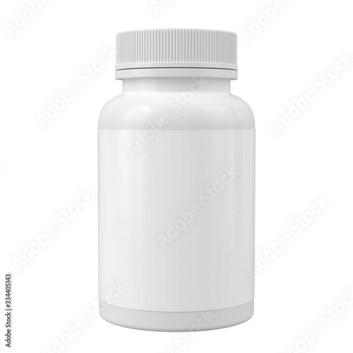White medicine bottle mockup. Blank label vitamin template. Pills jar isolated on white.