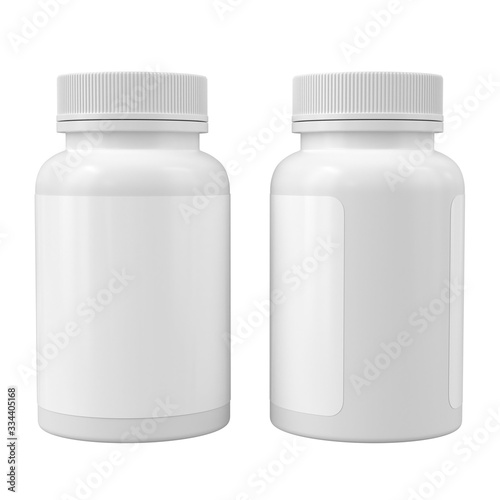 Two white medicine bottles mockup. Blank label vitamin template. Isolated on white