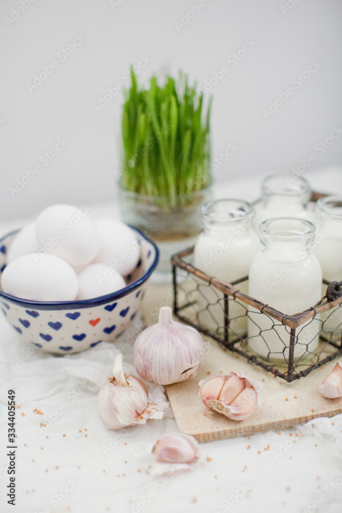Eco farm products. Fresh eggs, milk and garlic Eco farm products. Fresh eggs, milk and garlic