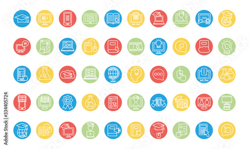 academic and education online icon set, line block style