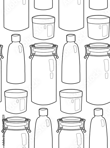 Seamless outline texture of glass bottles and jar in a row on white background. Zero waste products. Vector contour pattern for fabrics  wallpapers  backgrounds and your design.