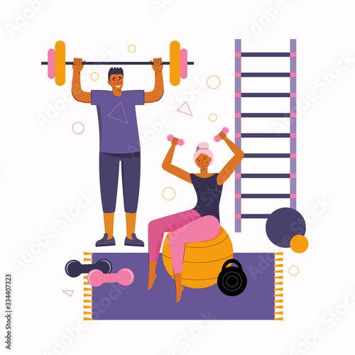 Man and a woman spend time together at home. Young couple are engaged in fitness and sports together. Healthy lifestyle. Sports exercises with dumbbells. Stay at home together. Spending time at home