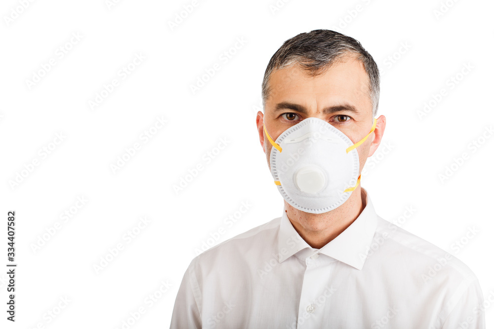 Man in anti epidemic respirator in white shirt isolated Man in anti epidemic respirator in white shirt isolated