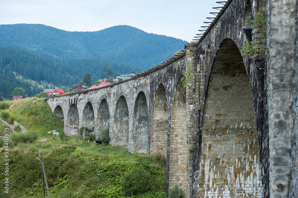old viaduct railway crossing in Vorokhta Ukraine Carpathians